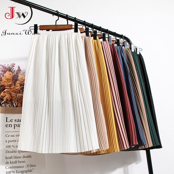 

women summer solid pleated skirt high elastic waist elegant office ladies romantic midi female saia faldas white 210510, Black