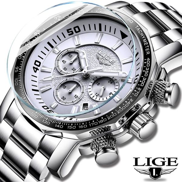 

wristwatches lige silver white mens watches watch waterproof military sports men full steel quartz clock reloj hombre, Slivery;brown