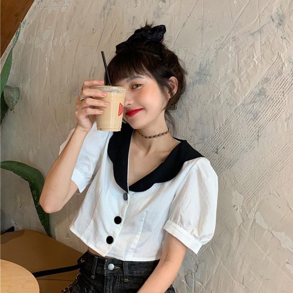 

women's blouses & shirts summer doll collar puff sleeve short shirt slim slimming navel white women high street ladies sweet blouse x1
