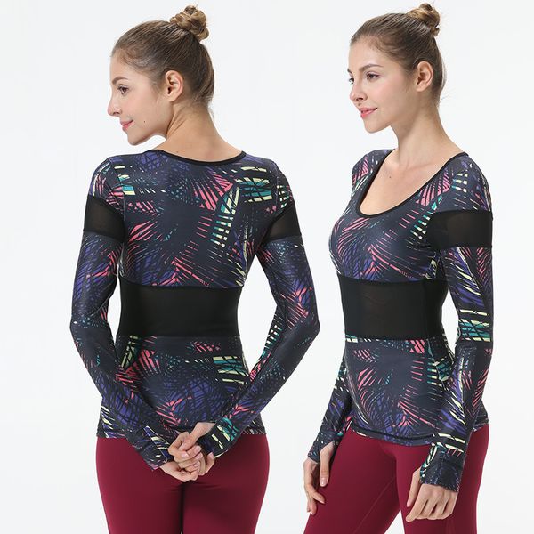 

tracks luxury yoga wearyoga t-shirt women's tight round neck long sleeve mh splicing sports running quick drying yoga fitns suit, Gray