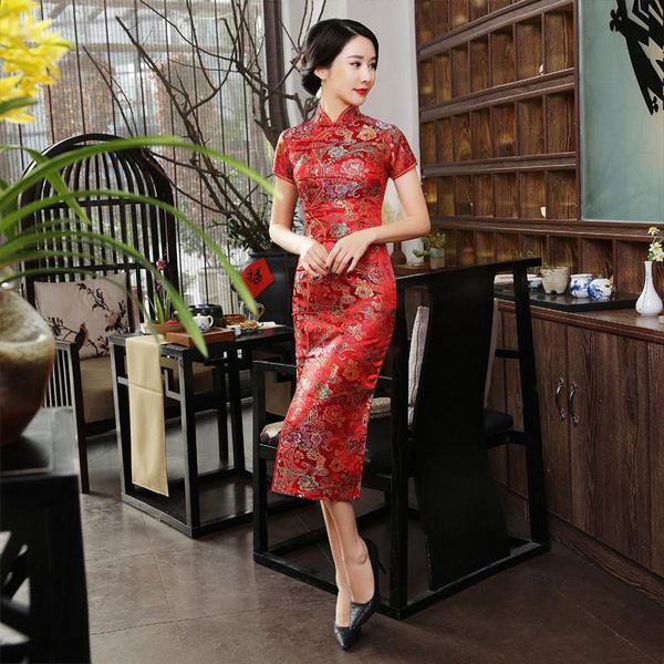 

fashion improved daily cheongsam dress summer brocade plus size long costume ethnic clothing, Red