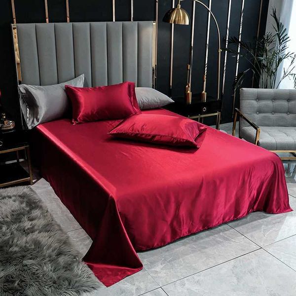 Bonenjoy 1PC folha de cama de cama vermelho cor sólida cor suave Top folhas para casa única / rainha / cama king size cetim de linho (sem fronha) 210626