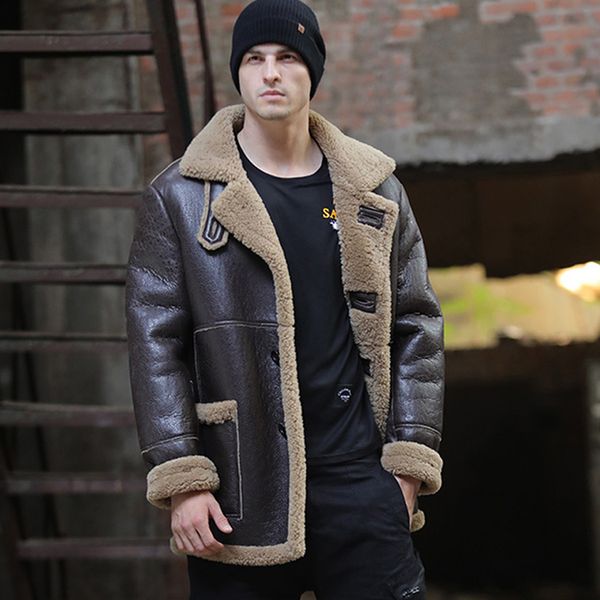 

thick men's natural sheep coat, leather coat, Black