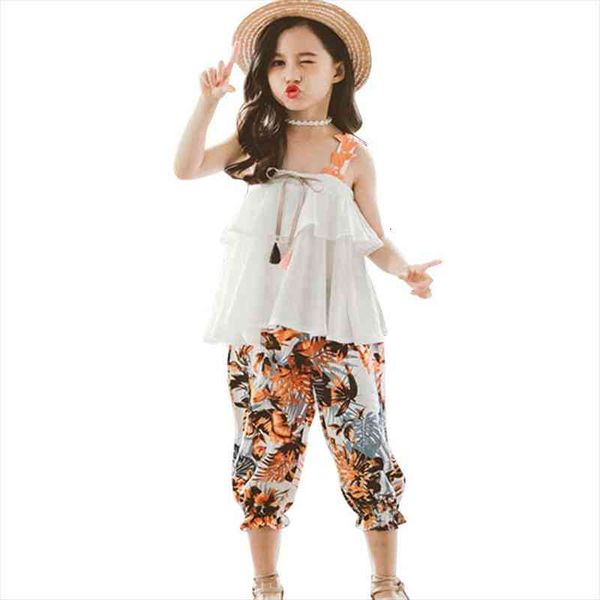 

summer clothes for girls solid vest floral pants 2pcs costumes for girls teenage kids clothes set 6 8 10 12, White