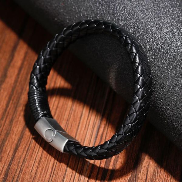 

charm bracelets zg punk men jewelry black braided leather bracelet stainless steel magnetic clasp fashion bangles gift 21cm, Golden;silver