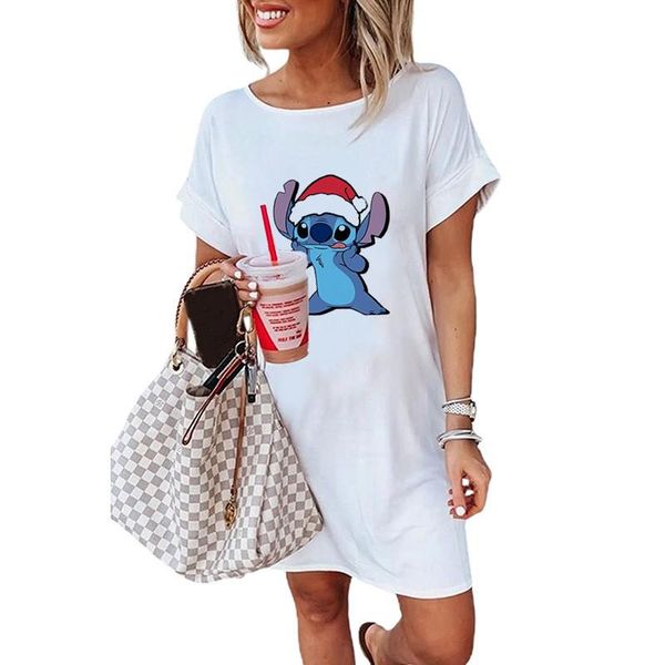 

party dresses stitch merry christmas kawaii clothes woman elegant dress basic t shirt vintage print autumn regular polyester, White;black