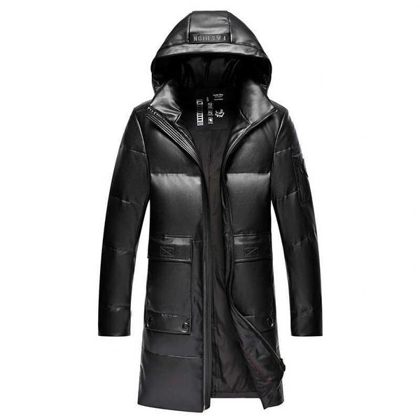 

men's leather & faux winter 2021 casual down jacket thickened genuine coats hooded ecological stand-up collar, Black