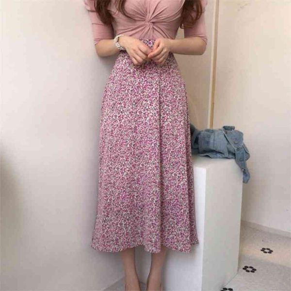 

vintage floral print a-line midi long skirt faldas mujer elastic waist s womens office lady wear casual chic mid calf 210514, Black
