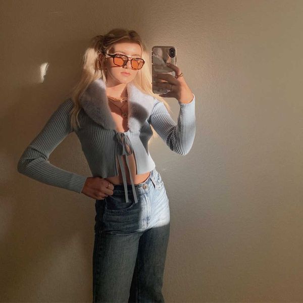 

autumn winter women knit cardigan contrast faux fur collar long sleeves fashion chic sweater 210709, White;black