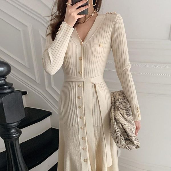 

casual dresses vestido feminino korean chic slim temperament autumn winter bottoming v-neck long sleeve single-breasted knitted dress belt, Black;gray