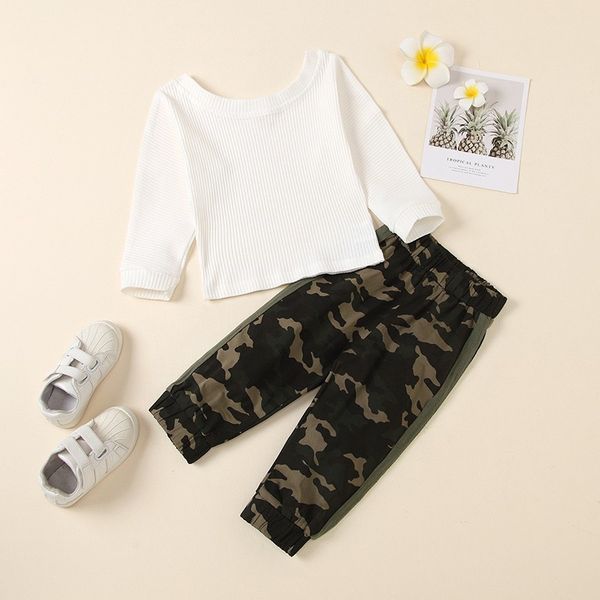 

kids clothes summer girls solid color strip loose round neck long sleeve fashion camouflage pants toddler girls new set, White
