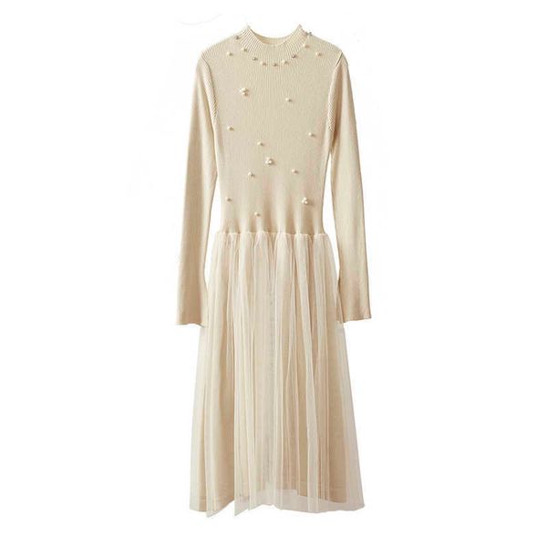

perhaps u beige black gray stand collar long sleeve knitted solid autumn midi dress fit and flare mesh patchwork pearls d2088 210529