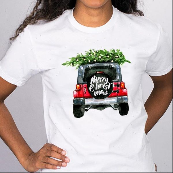 

graphic truck car tree trend women year 90s merry christmas print lady tees clothing female t shirt, White
