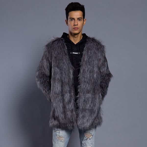 

black long fluffy men's fur coat high-quality stand-up collar retro comfortable windproof and warm fashion travel commuting