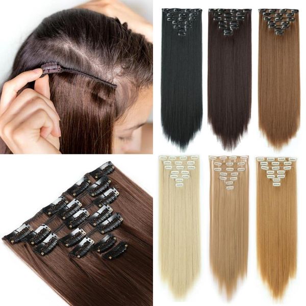 

synthetic wigs 7pcs/set 22" hairpiece black golden straight 16 clips in false styling hair clip heat resistant
