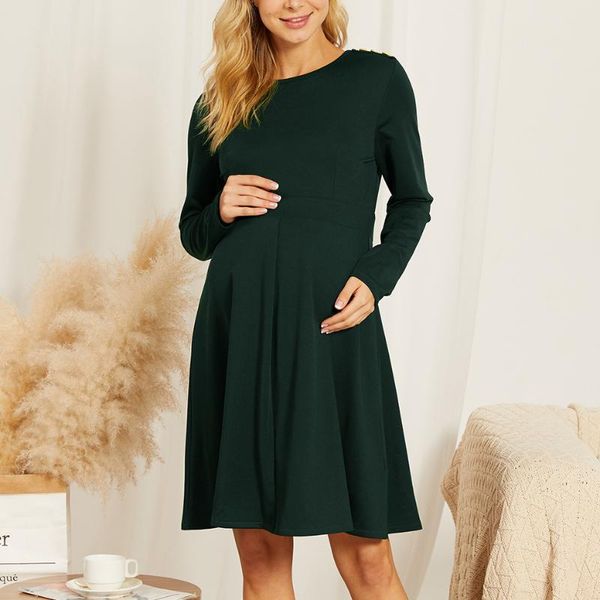 

patpat 2021 arrivalmaternity round collar plain dark green short a long-sleeve dress maternity dresses, White
