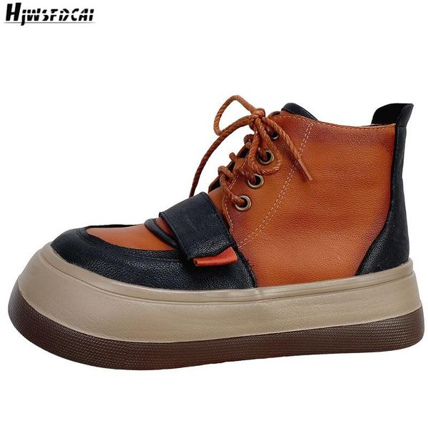 

boots hjwsfdcai women genuine leather round toe short ladies platform lace-up outdoor mujer shoes flat fashion woman, Black