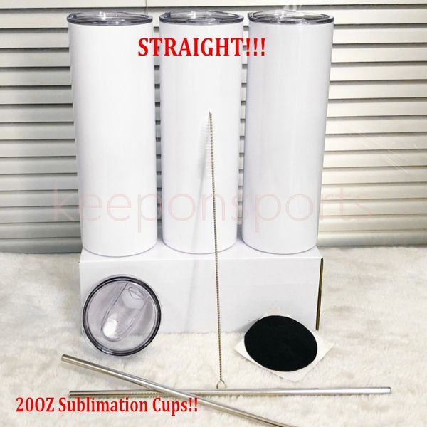 

straight 20oz sublimation straight tumblers stainless steel straw and lid water cup portable coffee tea mugs