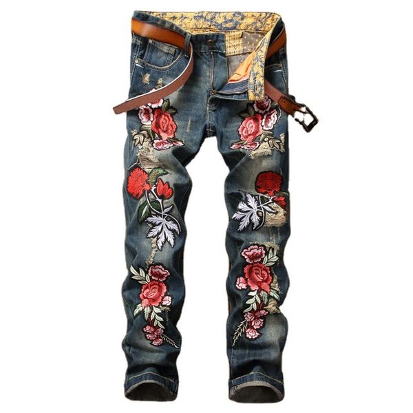 

fashion jeans embroidered men's 2021 personalized youth rose pants, Blue