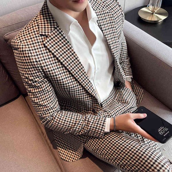 

men's suits & blazers (jacket + pants) male suit two-piece plaid s man thin tux business blazers dressed in men's classic formal z, White;black