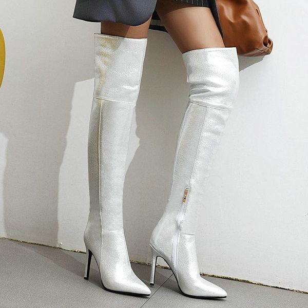 

boots 2021 autumn winter women fashion zipper bling over the knee thin high heel pointed toe lady shoes gold, Black