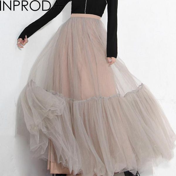 

skirts inproda women skirt patchwork gray high waist mesh all match plus size long 2021 fashion woman clothes, Black
