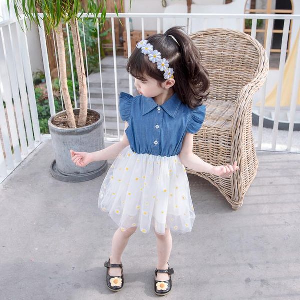 

girl's dresses summer small fresh baby girl dress toddler girls sleeve denim splice floral print tulle princess lovely tutu, Red;yellow