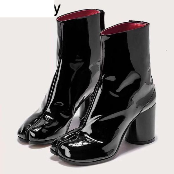 

boots pig trotter horseshoe short boots women chunky high heel genuine leather retro ankle autumn winter split toe shoes female 84, Black