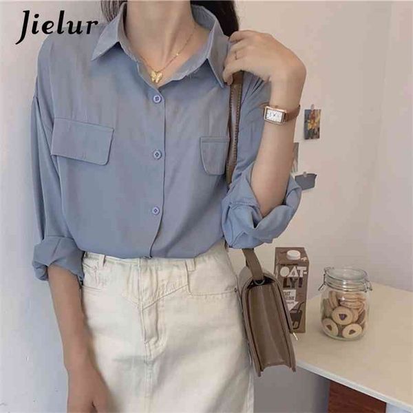 

fashion shirt female loose korean long sleeve vintage blouses women pockets casual blue black 6 colors harajuku 210426, White