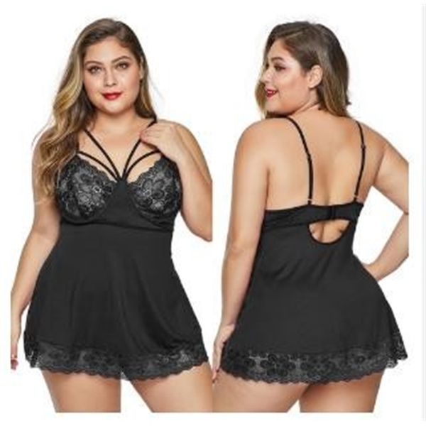 

women's sleepwear fat woman's big lace night transparent with underwear, Black;red