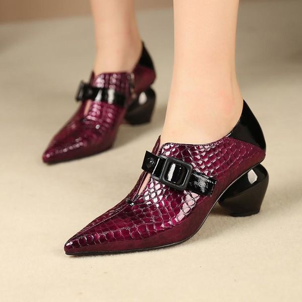 

dress shoes pxelena european fashion shallow pumps women real cow leather embossed buckle pointed toe strange high heel office, Black
