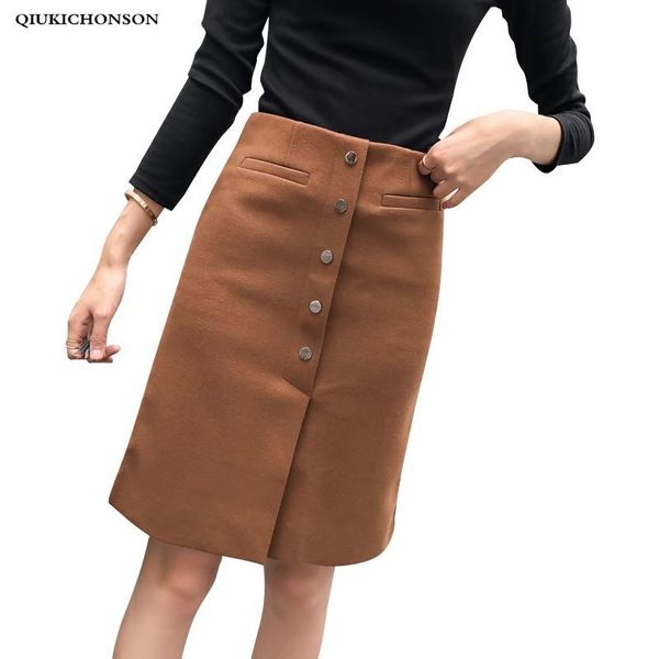 

skirts elegant ladies pencil skirt high waisted autumn winter korean fashion single-breasted slit wrap hips thick wool women, Black