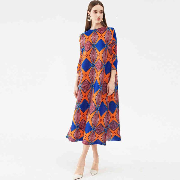 

casual dresses 2021 autumn winter pleated geometric printing belt large size long vintage aesthetic n2eq, Black;gray