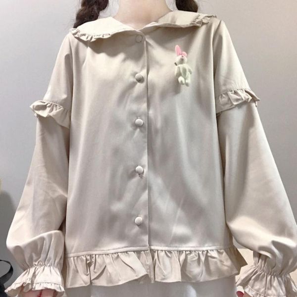 

women's blouses & shirts spring autumn japanese soft girl lolita doll collar shirt wood ear student bottoming korean loose inner long s, White