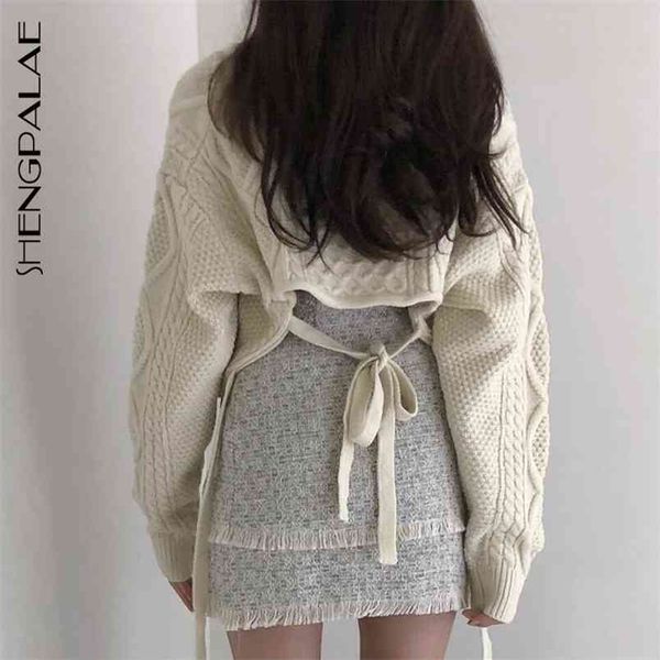 

korean chic autumn and spring retro linen pattern back tie round neck long sleeve knitted sweater female zt1008 210427, White;black