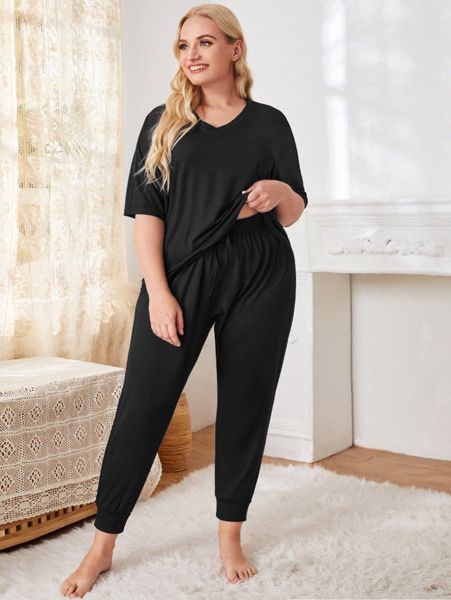 

plus solid v-neck knot detail pj set c08i#, Black;white