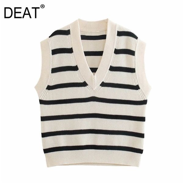 

[deat] spring autumn fashion stripe v-neck sleeveless loose elasticity knitting casual sweater vest women 13c386 210527, Black;white