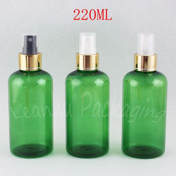 

storage bottles & jars 220ml green plastic bottle with gold spray pump , 220cc makeup water / toner packaging empty cosmetic container