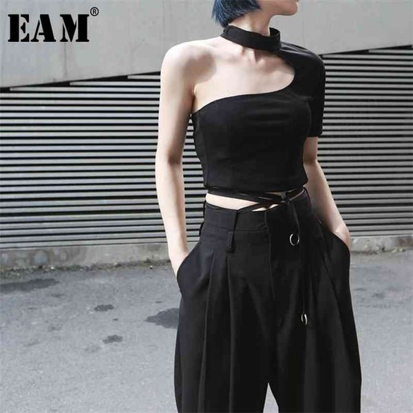 

[eam] new spring summer round neck short sleeve backless irregular brief personality short t-shirt women fashion tide jx391 210324, White