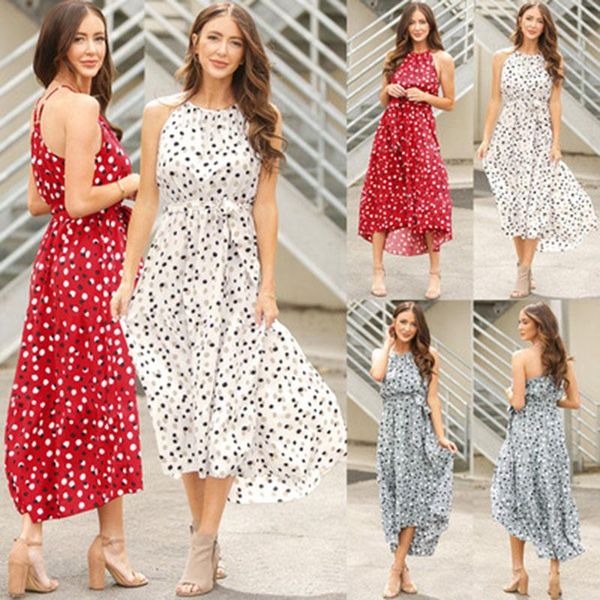 

casual dresses lucyever boho dot print for women 2021 off shoulder irregular long dress woman summer elegant lace-up female sundress, Black;gray