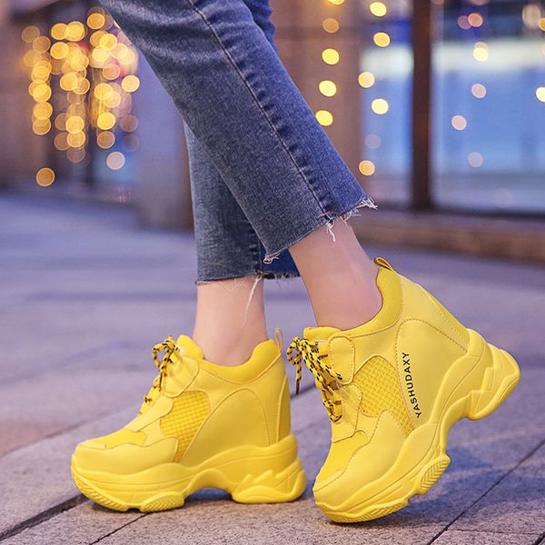 

2021 Spring Women Chunky Sneakers Breathable Mesh Casual Shoes 11cm Wedge Heels Platform Shoes Chaussures Femme Sports Dad Shoes, Yellow