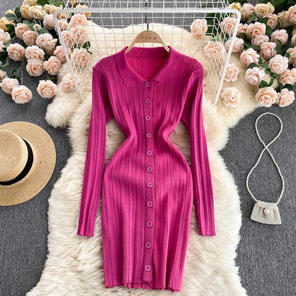 

women korean knitted dress turndown-collar long sleeve elastic slim pencil dress autumn bodycon streetwear dress 210715, Black;gray