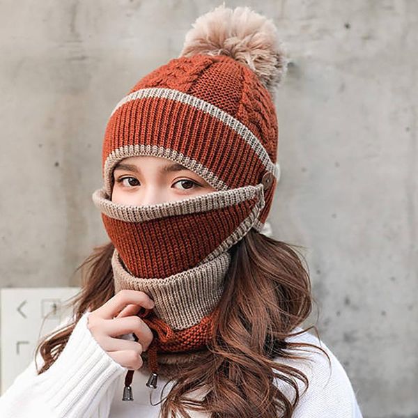 

berets 3pcs winter beanie hats scarf set warm knit hat skull cap neck warmer with thick fleece lined and for men women, Blue;gray