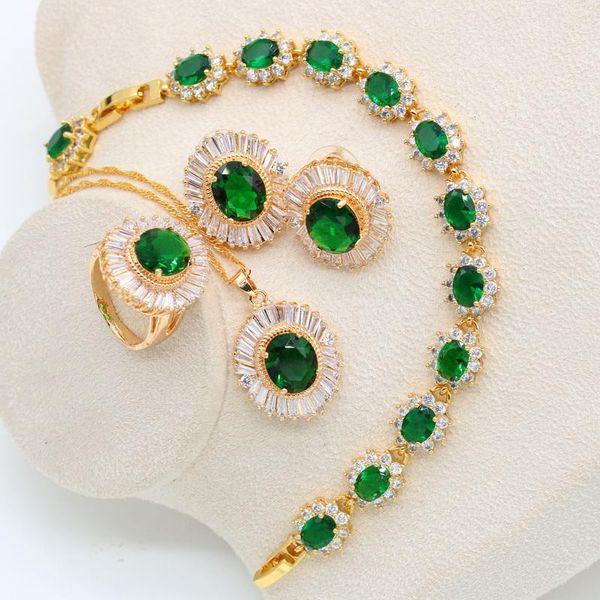

earrings & necklace classic wedding gold color jewelry set for women green semi-precious bracelet pendant ring birthday gift, Silver