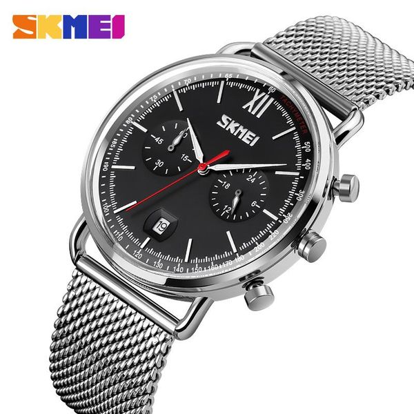 

wristwatches quartz men's watch luxury skmei mesh belt strap wristwatch satch date display men watches fashion clock mens relogio, Slivery;brown