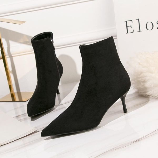 

autumn winter women ankle boots shoes solid black brown zipper pointed toe rubber elegant thin high heels