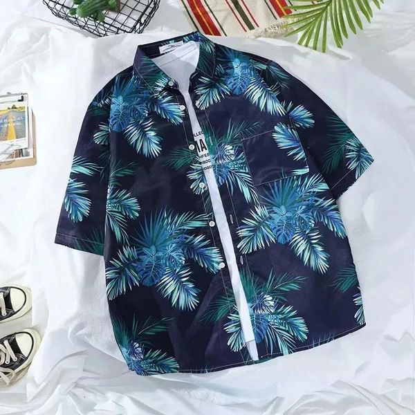

beach shirts floral color patchwork vintage summer men hawaiian short sleeve mens casual print man oversized top, White;black