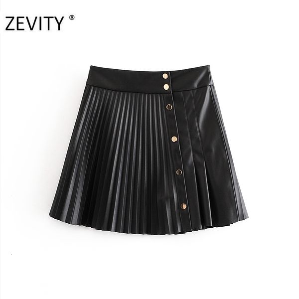 

skirts zevity women chic fashion faux leather pleated mini skirt femme vintage patchwork metal snap button mujer qun710 zyoq, Black