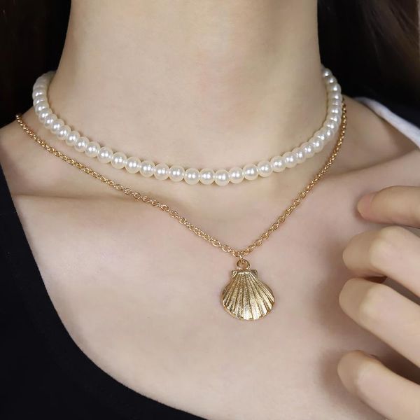 

chokers fashion personality scallop handmade beaded necklace feminine temperament pearl shell double set choker gift, Golden;silver