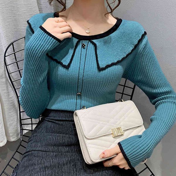 

women's sweaters doll collar patchwork striped o-neck skinny knitwear women elegant dashion slim long sleeve spring knit pull, White;black